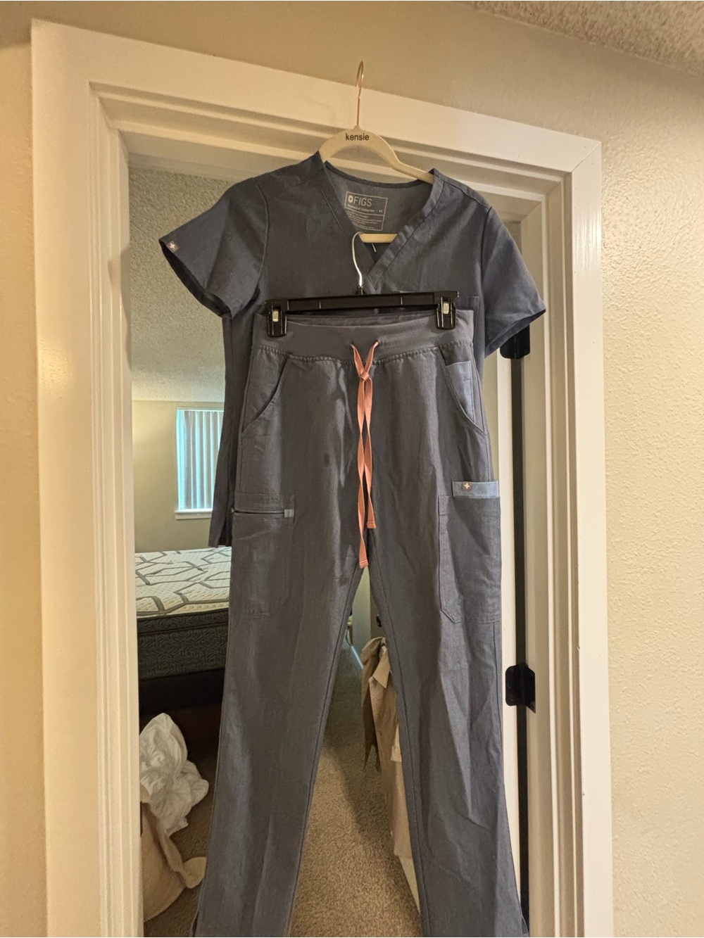 Figs Slate gray/ blue Scrub Top and scrub Pants with Pink Drawstring